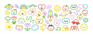 Colorful children cartoon icon collection. Set of funny line doodle decoration on isolated background. Simple kid art bundle includes child character, animal and nature symbol.