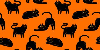 Komik, siyah kedi, kusursuz çizgi film çizimi. Sevimli el çizilmiş cadılar bayramı kedileri dokusu, ürpertici cadı hayvan arka planı. 