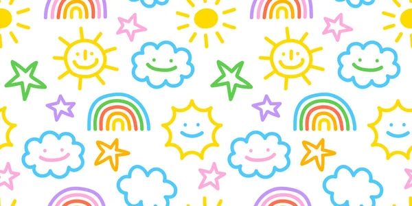 Colorful Funny Sky Doodle Seamless Pattern Cute Happy Clouds Simple — 图库矢量图片