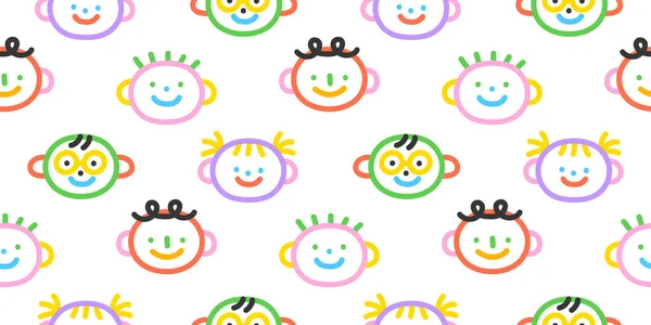 Colorful Funny Children Face Doodle Seamless Pattern Cute Happy Kid — 图库矢量图片