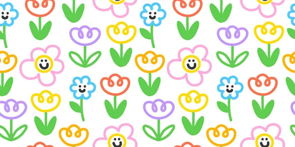 Colorful Funny Flower Doodle Seamless Pattern Cute Happy Floral Print — Vector de stock
