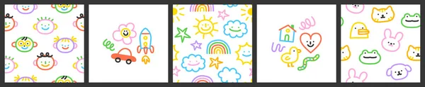 Colorful Children Cartoon Seamless Pattern Collection Set Funny Line Doodle — Stock vektor