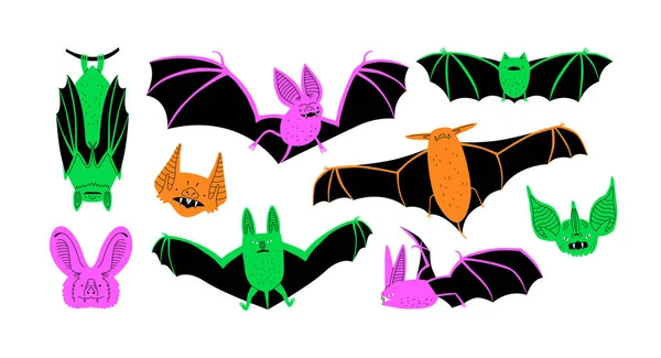 Colorido Murciélago Animal Dibujos Animados Conjunto Ilustración Moderna Criatura Asustadiza — Vector de stock