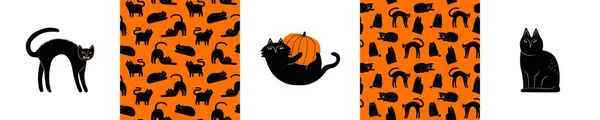Conjunto Halloween Gato Negro Animal Dibujo Animado Patrón Sin Costura — Vector de stock