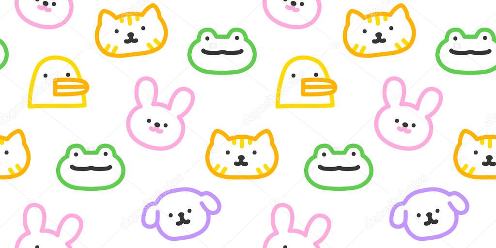 Colorful funny animal face doodle seamless pattern. Cute happy animals in simple children art style background illustration.