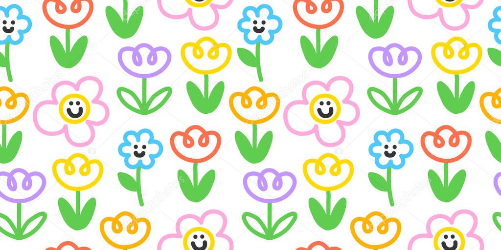 Colorful funny flower doodle seamless pattern. Cute happy floral print background in simple children art style.