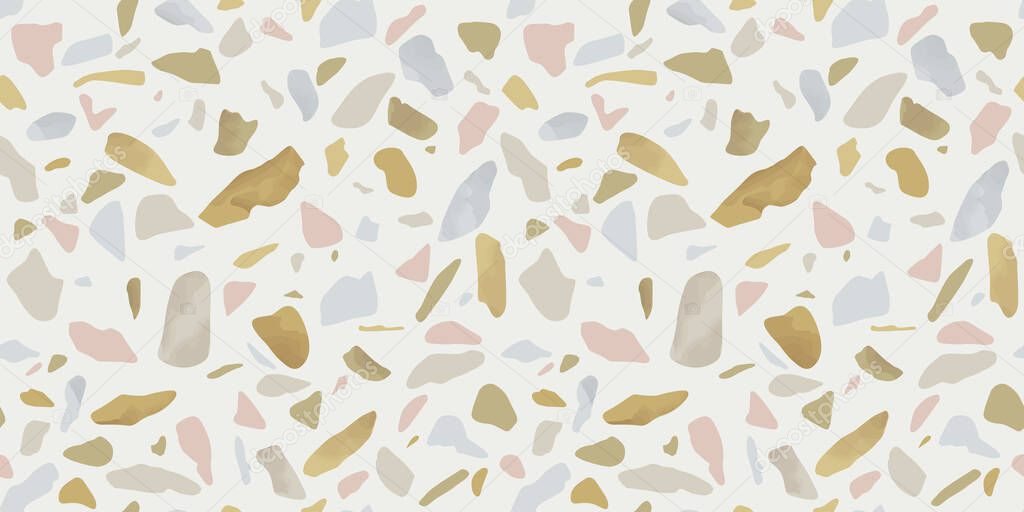 Terrazzo flooring seamless pattern with colorful marble rocks. Realistic interior material background of mosaic stone. Trendy fashion print wallpaper for textile project or web backdrop.