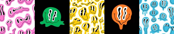 Funny Melting Smiling Happy Face Colorful Cartoon Seamless Pattern Set — Διανυσματικό Αρχείο