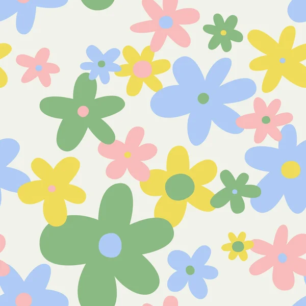 Trendy floral seamless pattern illustration. Vintage 70s style hippie flower background design. Colorful pastel color groovy artwork, y2k nature backdrop with daisy flowers.