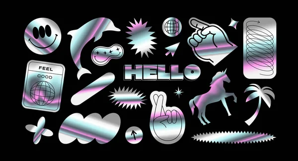 Trendy Retro Y2K Holographic Sticker Illustration Collection Isolated Background Modern — Stockový vektor