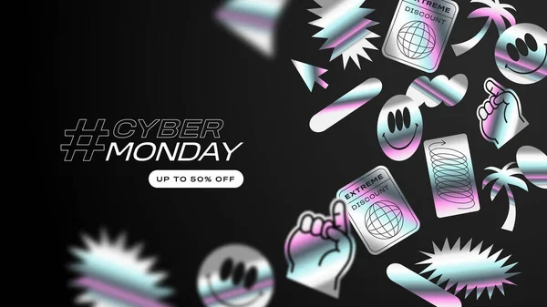 Online Cyber Monday Sale Web Template Trendy 90S Style Holographic — Stockový vektor