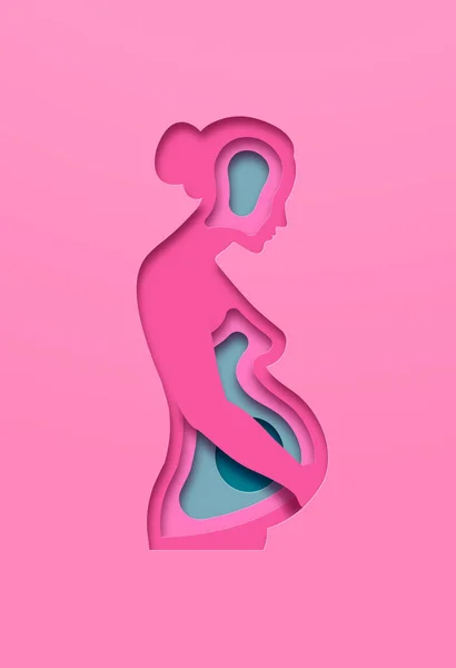 Realistic Paper Cut Pregnant Woman Baby Fetus Growing New Mother — Stock vektor