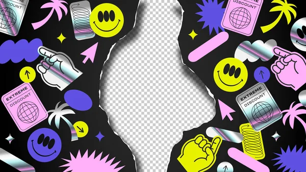 Empty web sale banner template with trendy 90s style holographic sticker. Modern iridescent y2k transparent copy space background. Colorful funny face, hand gesture and business discount label.