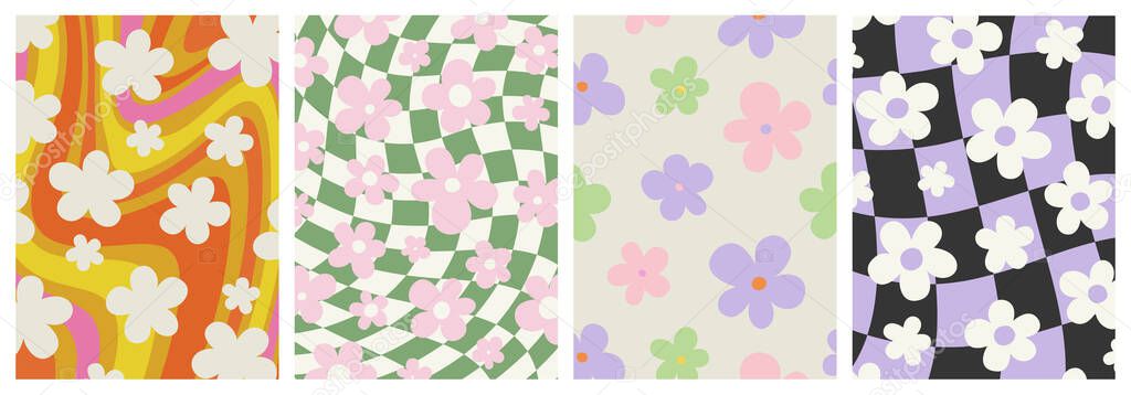 Trendy floral poster illustration set. Vintage 70s style hippie flower background collection. Colorful pastel color groovy artwork, y2k nature backdrop with daisy flowers.