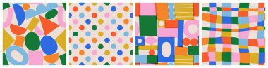 Eğlenceli renksiz desen koleksiyonu. Parlak kolaj şekilli modaya uygun tasarım ya da çocuklar için yaratıcı 90 'lar tarzı geometrik şekil arkaplanı. Basit ve çocuksu karalama arkaplanı.