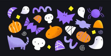 Modern tasarım tarzında soyut cadılar bayramı sezonu şekilleri. Elle çizilmiş Ekim ayındaki karalama koleksiyonu. İzole edilmiş arka planda ürkütücü çizim elemanı paketi. Hayalet, kafatası, balkabağı.