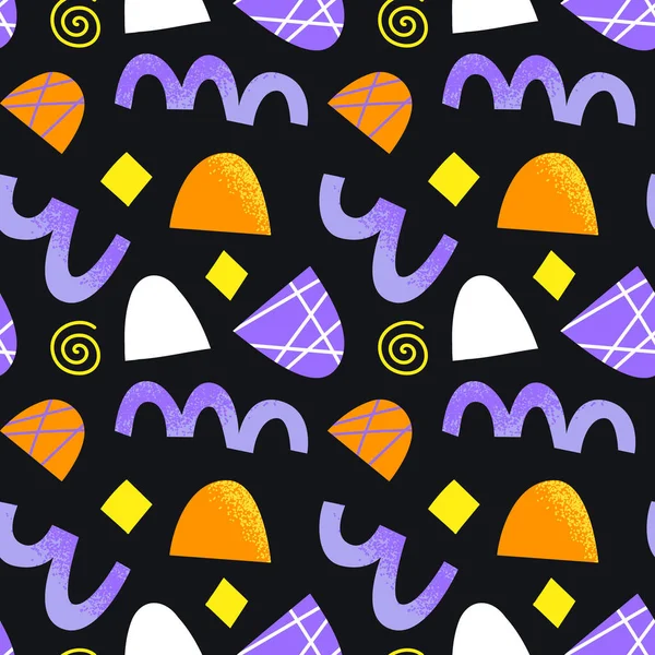 Abstract organic shape seamless pattern with colorful geometric doodles. Flat cartoon background, simple random shapes in halloween colors.
