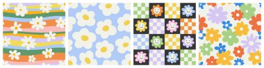 Trendy floral seamless pattern collection. Set of vintage 70s style flower background illustration. Colorful pastel color groovy artwork bundle, y2k nature backgrounds with spring plants. clipart