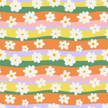 Trendy floral seamless pattern illustration. Vintage 70s style hippie flower background design. Colorful pastel color groovy artwork, y2k nature backdrop with daisy flowers.