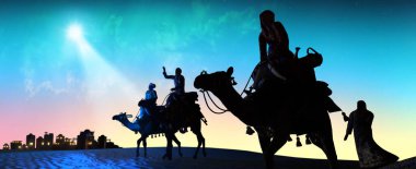 Üç bilge ve parlayan yıldızlı Hristiyan Noel sahnesi.