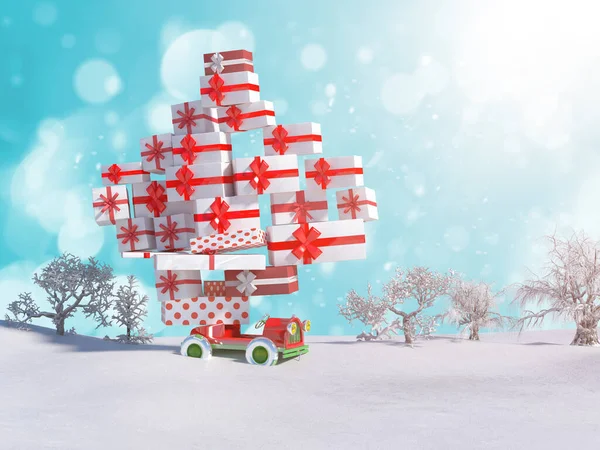 Toon Irreconocible Coche Lleva Regalos Navidad Renderizar — Foto de Stock