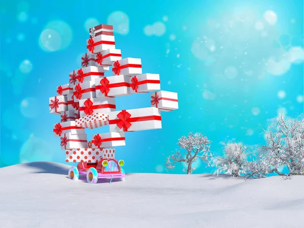 認識できない車はクリスマスプレゼントを運ぶToon 3Dレンダリング — ストック写真