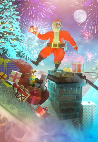 Santa Claus Greeting Roof Render — Stock Photo, Image