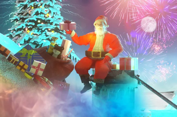 Santa Claus Greeting Roof Render — Stock Photo, Image