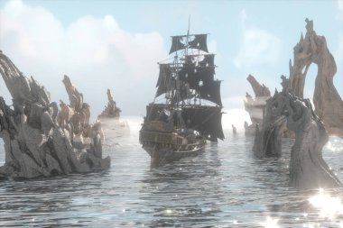 Eski korkunç korsan gemisi 3D 'de. 