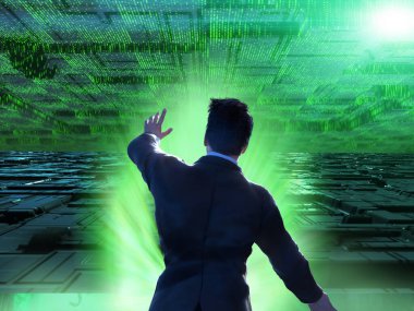 Matrix style world city render 3d arasında bir adamla sanal bir dünya