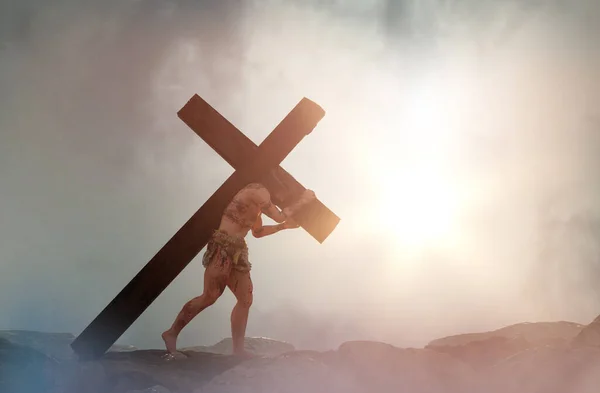 Jesucristo Cargando Cruz Rendir —  Fotos de Stock