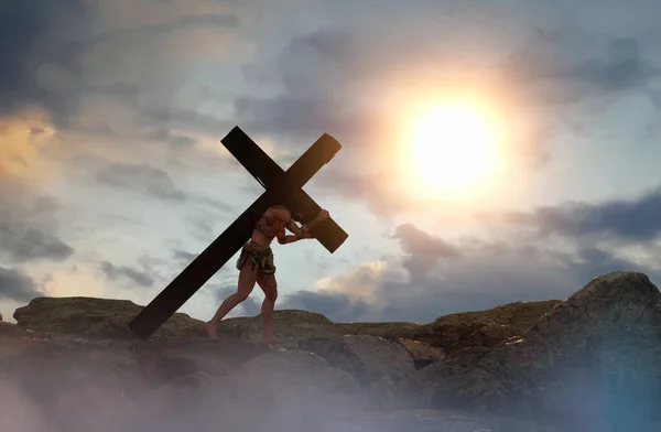 Jesucristo Cargando Cruz Rendir — Foto de Stock