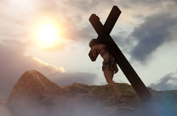 Jezus Chrystus Niosący Krzyż Renderuje — Zdjęcie stockowe