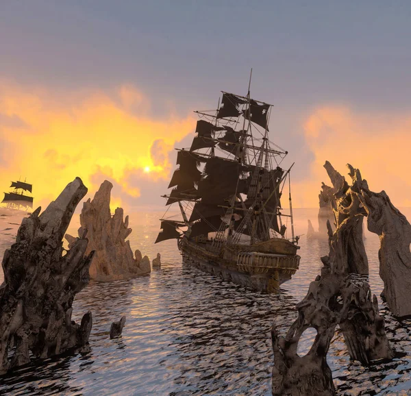 Velho Navio Pirata Assustador Mar Render — Fotografia de Stock