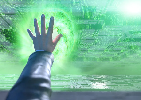 Een Virtuele Wereld Met Een Hand Man Tussen Matrix Stijl — Stockfoto