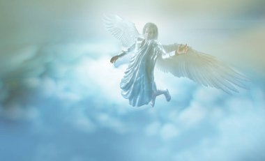 Büyük beyaz kanatlı İncilsel melek uçan 3D