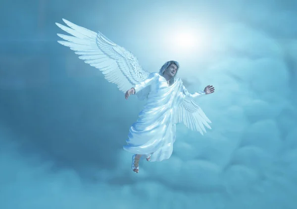 Biblische Engel Mit Großen Weißen Flügeln Fliegen Render — Stockfoto