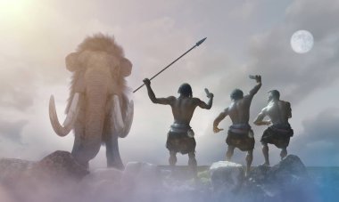Mağara adamı kabilesi insanları ve mamutlar 3D çiziyor.