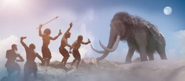 Mağara adamı kabilesi insanları ve mamutlar 3D çiziyor.