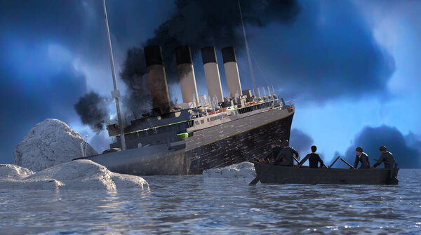 the Titanic ocean liner after it struck an iceberg in 1912 off the coast of Newfoundland in the Atlantic Ocean render 3d illustration