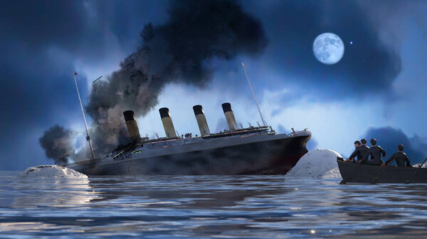 the Titanic ocean liner after it struck an iceberg in 1912 off the coast of Newfoundland in the Atlantic Ocean render 3d illustration