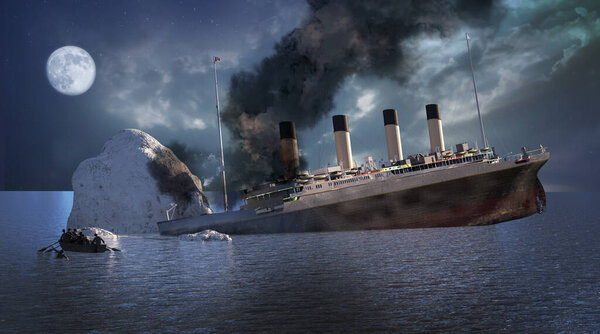 the Titanic ocean liner after it struck an iceberg in 1912 off the coast of Newfoundland in the Atlantic Ocean render 3d illustration