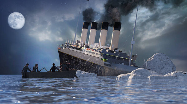 the Titanic ocean liner after it struck an iceberg in 1912 off the coast of Newfoundland in the Atlantic Ocean render 3d illustration