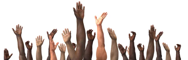 Ręce Wielonarodowców Głosują Różnorodność Biznesu Pracy Zespołowej Przestrzeń Kopiowania Renderowania — Zdjęcie stockowe