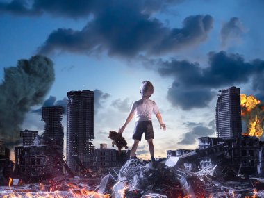 Savaş mağdurlarının sembolü olarak savaş tarafından yok edilen bir şehrin kalıntıları arasında bir çocuk.