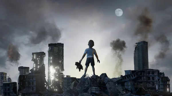 Chłopiec Dziecko Wśród Ruin Miasta Zniszczonego Przez Wojnę Jako Symbol — Zdjęcie stockowe