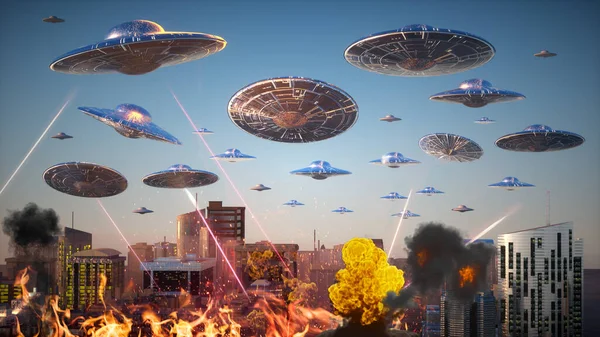 Atak Latających Spodków Ufo Obcych Miasto Renderowania — Zdjęcie stockowe
