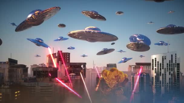 Ataque Platillos Extraterrestres Voladores Ciudad Render — Vídeos de Stock
