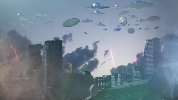 Атака Літаючих Іншопланетних Тарілок Ufo Рендеринг Міста — стокове відео
