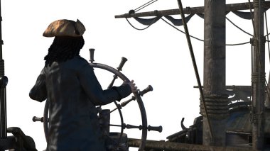 Korsan kaptan kâşif geminin direksiyonunu tutuyor ve yelkenli bir korsan gemisiyle beyaz arka planda 3D görüntüler çiziyor.